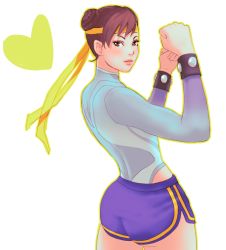 Rule 34 | 1girl, alternate costume, ass, brown eyes, brown hair, chun-li, clenched hands, double bun, eyebrows, from behind, headband, heart, jaimito, lips, looking back, short hair, short shorts, shorts, solo, street fighter, street fighter zero (series), studded bracelet, unitard