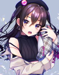 Rule 34 | 1girl, :o, bare shoulders, bbbannooo, beret, black hat, black sweater, bra strap, breasts, brown eyes, brown hair, commentary request, crop top, earrings, hair between eyes, hand up, hat, head tilt, highres, hugging doll, hugging object, idolmaster, idolmaster cinderella girls, jacket, jewelry, long hair, long sleeves, looking at viewer, midriff, mole, mole under eye, off shoulder, open clothes, open jacket, open mouth, ribbed sweater, sharp teeth, sidelocks, sleeveless, sleeveless turtleneck, sleeves past wrists, small breasts, solo, stuffed animal, stuffed shark, stuffed toy, sunazuka akira, sweater, teeth, turtleneck, two side up, upper body, upper teeth only, wavy hair, white jacket