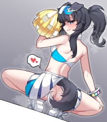 Rule 34 | 1girl, animal ears, ass, back, backless outfit, bare arms, bare shoulders, black hair, blue archive, blue eyes, breasts, cheerleader, crop top, dog ears, dog girl, dog tail, from behind, full body, goggles, goggles on head, halo, heart, hibiki (blue archive), hibiki (cheer squad) (blue archive), highres, holding, lettu, long hair, looking at viewer, medium breasts, millennium cheerleader outfit (blue archive), miniskirt, no panties, pleated skirt, pom pom (cheerleading), ponytail, skirt, sleeveless, smile, solo, squatting, tail, white footwear, white skirt