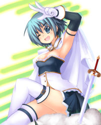 Rule 34 | 10s, 1girl, armpits, belt, blue eyes, blue hair, breasts, cape, cleavage, crossed legs, elbow gloves, gloves, legs, mahou shoujo madoka magica, mahou shoujo madoka magica (anime), matching hair/eyes, medium breasts, miki sayaka, one eye closed, short hair, sitting, skirt, smile, solo, sword, thighhighs, tom (tominaga8901), tominaga, v, weapon, white thighhighs, wink