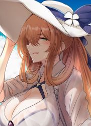 Rule 34 | 10eki (tenchou), 1girl, absurdres, bikini, bikini under clothes, blue sky, blush, breasts, brown hair, cleavage, close-up, girls&#039; frontline, green eyes, hat, highres, large breasts, light brown hair, long hair, long sleeves, official alternate costume, outdoors, ponytail, see-through, shirt, sky, smile, solo, springfield (girls&#039; frontline), springfield (stirring mermaid) (girls&#039; frontline), sun hat, sunglasses, swimsuit, swimsuit under clothes, upper body