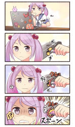Rule 34 | !?, &gt;:/, &gt;:t, 10s, 1girl, 4koma, :/, :t, ?, anchor, arrow (symbol), blush stickers, border, comic, computer, emphasis lines, gradient background, hair bobbles, hair ornament, head rest, ido (teketeke), jitome, kantai collection, laptop, pink eyes, pink hair, sailor collar, sazanami (kancolle), school uniform, shaded face, shirt, short hair, solo, spoken question mark, sweatdrop, translated, truth, twintails, usb, v-shaped eyebrows, wavy mouth