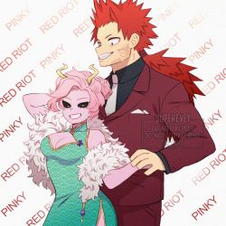 Rule 34 | 1boy, 1girl, ashido mina, black sclera, boku no hero academia, breasts, china dress, chinese clothes, cleavage, cleavage cutout, clothing cutout, colored sclera, colored skin, dress, formal, highres, horns, kirishima eijirou, necktie, aged up, pink hair, pink skin, ponytail, red eyes, red hair, suit, tagme, watermark, yellow eyes