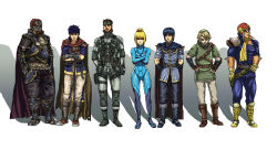 Rule 34 | 1girl, 6+boys, armor, beard, blonde hair, blue hair, bodysuit, brown hair, cape, captain falcon, f-zero, facial hair, fire emblem, fire emblem: mystery of the emblem, fire emblem: path of radiance, ganondorf, ghost in the shell, ghost in the shell lineup, ghost in the shell stand alone complex, gloves, headband, helmet, ike (fire emblem), lineup, link, marth (fire emblem), metal gear (series), metal gear solid, metroid, multiple boys, nintendo, odd one out, parody, pointy ears, red hair, samus aran, scarf, solid snake, super smash bros., the legend of zelda, the legend of zelda: twilight princess, zero suit