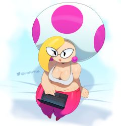 Rule 34 | 1girl, blonde hair, breasts, cleavage, computer, earrings, eyes visible through hair, from above, glasses, groin, highres, jewelry, jolene, laptop, large breasts, mario (series), navel, nintendo, paper mario, paper mario: the thousand year door, pink lips, sitting, solo, somescrub, tank top