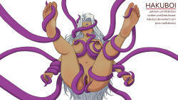 Rule 34 | 1girl, aa megami-sama, breasts, covered eyes, dark skin, forehead jewel, forehead tattoo, hakuboi, highres, jewel, large breasts, legs up, nipples, nude, pussy, restrained, spread legs, tentacle grab, tentacle in mouth, tentacle over eye, tentacle sex, tentacles, tongue, tongue out, trapped, uncensored, urd, white background, white hair