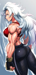 Rule 34 | 1girl, bare shoulders, blue eyes, breasts, crop top, double dragon, fingerless gloves, gloves, kunio-kun series, large breasts, long hair, marian kelly, muscular, muscular female, pants, river city girls, shopyun, sleeveless, sports bra, thighs, white hair