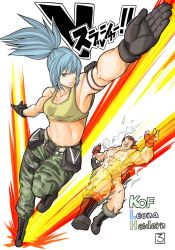 Rule 34 | 1boy, 1girl, armlet, bandana, black gloves, black hair, blue eyes, blue hair, boots, breasts, camouflage, camouflage pants, character name, clenched hand, combat boots, fingerless gloves, gloves, highres, ikari warriors, leona heidern, muscular, muscular male, pants, ponytail, pouch, ralf jones, rocohisaya, slashing, snk, the king of fighters, the king of fighters xiv, the king of fighters xv, torn clothes, v