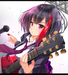 Rule 34 | 1girl, bang dream!, black hair, blurry, collared shirt, commentary request, depth of field, electric guitar, guitar, highres, holding, holding instrument, instrument, jacket, letterboxed, mad (hazukiken), microphone, mitake ran, multicolored hair, necktie, plectrum, purple eyes, purple necktie, red hair, scaffolding, shirt, short hair, solo, streaked hair, striped necktie, striped neckwear, white shirt