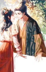 Rule 34 | 1boy, 1girl, arm support, branch, brown hair, brown robe, chinese clothes, closed mouth, earrings, eyelashes, eyeliner, face-to-face, feet out of frame, flower, hair bun, hair flower, hair ornament, hair pulled back, hair tubes, half updo, hanfu, happy, hetero, highres, jacket, jewelry, juzuchongqianceng, layered sleeves, leaf print, light particles, long hair, long sleeves, looking at another, makeup, jiangnan baijingtu, red flower, ribbon, robe, short over long sleeves, short sleeves, sidelocks, single hair bun, sleeves past wrists, standing, wen zhengming, wu yu