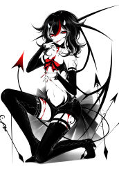 Rule 34 | 1girl, absurdres, bad id, bad pixiv id, bandeau, bare shoulders, black hair, blood, boots, bow, demon girl, demon tail, demon wings, detached sleeves, high heel boots, high heels, highres, horns, kijin seija, limited palette, midriff, multicolored hair, parted lips, red eyes, red hair, sheya, short shorts, shorts, solo, spot color, streaked hair, tail, thigh boots, thighhighs, thighs, touhou, white hair, wings