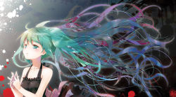 Rule 34 | 1girl, acute (vocaloid), chikaya, dress, green eyes, green hair, hatsune miku, interlocked fingers, long hair, own hands together, project diva (series), project diva f, twintails, vocaloid