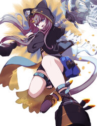 1girl absurdres animal_ears animal_hood arknights black_shorts blue_eyes brown_hair cat_ears cat_hood cat_tail hammer highres holding holding_hammer hood infection_monitor_(arknights) long_hair navel pepe_(arknights) platform_footwear reinoni shorts signature tail tail_ornament tail_ring toeless_footwear