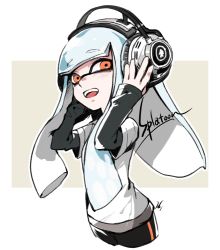 Rule 34 | 1girl, adjusting headphones, bike shorts, blue hair, blunt bangs, copyright name, cowboy shot, cropped legs, english text, female focus, flat chest, hands up, happy, headphones, hime cut, inkling, inkling girl, inkling player character, layered sleeves, light blush, long hair, long sleeves, looking to the side, nintendo, open mouth, outline, red eyes, sentinel ga koku ni aru, shirt, short over long sleeves, short sleeves, sidelocks, smile, solo, splatoon (series), standing, teeth, tentacle hair, tentacles, white outline, white shirt