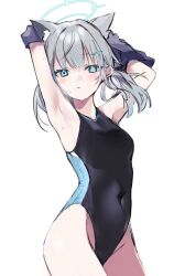 Rule 34 | 1girl, animal ear fluff, animal ears, arms up, black one-piece swimsuit, black shirt, blue archive, blue eyes, breasts, competition swimsuit, covered navel, cowboy shot, cross hair ornament, extra ears, grey hair, hair ornament, halo, hanei shiro, low ponytail, medium breasts, medium hair, mismatched pupils, multicolored clothes, multicolored swimsuit, official alternate costume, one-piece swimsuit, shiroko (blue archive), shiroko (swimsuit) (blue archive), shirt, solo, swimsuit, undressing, wolf ears