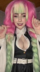 Rule 34 | 1girl, animated, audible music, bouncing breasts, brazilian (nationality), breasts, cleavage, cosplay, dudabweber, female focus, green eyes, green hair, indoors, kanroji mitsuri, kanroji mitsuri (cosplay), kimetsu no yaiba, long hair, looking at viewer, lowres, medium breasts, multicolored hair, photo (medium), pink hair, real life, solo, sound, tagme, teeth, video