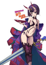 Rule 34 | 1girl, black hair, blunt bangs, bob cut, breasts, character name, copyright name, fate/grand order, fate (series), hair ornament, highres, holding, holding sword, holding weapon, horns, japanese clothes, navel, revealing clothes, short hair, shuten douji (fate), sjh, small breasts, solo, sword, thighhighs, weapon