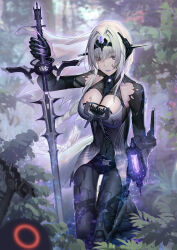 Rule 34 | 1girl, absurdres, bianca: stigmata (punishing: gray raven), bianca (punishing: gray raven), black dress, breasts, cleavage, dress, for-miku, grey eyes, grey hair, headgear, highres, holding, holding sword, holding weapon, large breasts, mechanical legs, medium hair, punishing: gray raven, sword, tiara, torn clothes, weapon