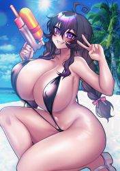Rule 34 | 1girl, absurdres, ahoge, beach, blush, breasts, crawling dreams, curvy, fang, highres, holding, huge breasts, long hair, looking at viewer, merryweather, messy hair, navel, nyarla (osiimi), original, osiimi, outdoors, palm tree, purple eyes, purple hair, revealing clothes, skin fang, slingshot swimsuit, smile, summer, swimsuit, thick thighs, thighs, tree, twintails, v, very long hair, water gun, wide hips