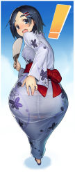 Rule 34 | !, 10s, 1girl, alternate costume, ass, black hair, black panties, blush, breasts, eyebrows, floral print, hair ornament, hairclip, hand fan, hand on own ass, japanese clothes, kantai collection, kimono, kuroshio (kancolle), long sleeves, looking at viewer, looking back, open mouth, panties, paper fan, see-through, short hair, small breasts, smile, solo, taketora suzume, thick eyebrows, uchiwa, underwear, yukata