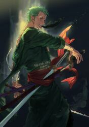 Rule 34 | 1boy, artist name, bandaged arm, bandages, character name, clenched teeth, commentary request, green hair, green kimono, grey eyes, highres, holding, holding sword, holding weapon, japanese clothes, kimono, long sleeves, looking at viewer, male focus, mouth hold, one piece, plytometo, profile, red sash, roronoa zoro, sash, sheath, short hair, sideways glance, solo, standing, sword, teeth, triple wielding, twitter username, unsheathing, v-shaped eyebrows, watermark, weapon