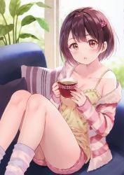 Rule 34 | 1girl, absurdres, bare shoulders, blue legwear, blush, breasts, brown eyes, brown hair, collarbone, couch, cup, day, fukahire (ruinon), hair ornament, highres, holding, holding cup, hood, hoodie, long sleeves, loungewear, medium breasts, off shoulder, original, parted lips, pillow, pink shorts, pink sweater, plant, scan, shirt, short hair, shorts, single bare shoulder, sitting, socks, solo, striped clothes, striped hoodie, striped legwear, striped socks, striped sweater, sweater, undressing, window, yellow shirt
