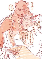 Rule 34 | 2boys, alternate costume, animal ears, bara, bare pectorals, bear boy, bear ears, beard, between pecs, between pectorals, blush, boku no hero academia, bssku, ear wiggle, endeavor (boku no hero academia), facial hair, flustered, fox boy, fox tail, furrification, furry, furry male, furry with furry, goatee, grabbing, groping, hawks (boku no hero academia), head between pecs, highres, inverted nipples, japanese clothes, kimono, large pectorals, light blush, male focus, mature male, monochrome, motion lines, multiple boys, muscular, muscular male, nipples, open clothes, open kimono, pectoral grab, pectorals, scar, scar across eye, short hair, sideburns, size difference, sketch, spiked hair, sweatdrop, tail, translation request, upper body, yaoi