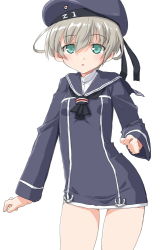 Rule 34 | 10s, 1girl, :o, blue eyes, clothes writing, cowboy shot, dd (ijigendd), hat, kantai collection, long sleeves, neckerchief, open mouth, sailor collar, sailor hat, short hair, silver hair, simple background, solo, white background, z1 leberecht maass (kancolle)