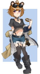 Rule 34 | 1girl, absurdres, ahoge, animal ears, artist name, bear ears, belly, belt, belt buckle, black belt, black footwear, black neckwear, black shirt, black thighhighs, blue background, blush, boots, breasts, brown hair, buckle, choker, closed mouth, collarbone, denim, denim shorts, doughnut, eating, eyewear on head, food, full body, girls&#039; frontline, grizzly mkv (girls&#039; frontline), grizzly mkv (teddy transform!) (girls&#039; frontline), gun, handgun, highres, holding, holding food, holster, holstered, jacket, l.a.r. manufacturing, lar grizzly win mag, looking to the side, metro (jbcman0198), navel, pistol, purple eyes, shirt, short hair, shorts, simple background, solo, standing, sunglasses, t-shirt, thighhighs, weapon, zettai ryouiki
