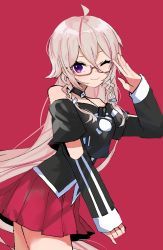 Rule 34 | 1girl, absurdres, ahoge, bare shoulders, bespectacled, black shirt, braid, cevio, choker, commentary, cowboy shot, english commentary, glasses, gomiyama, hair tubes, hand to head, highres, ia (vocaloid), long hair, long sleeves, looking at viewer, miniskirt, off-shoulder shirt, off shoulder, pink skirt, platinum blonde hair, pleated skirt, purple eyes, red-framed eyewear, red background, salute, semi-rimless eyewear, shirt, skirt, smile, solo, twin braids, very long hair, vocaloid