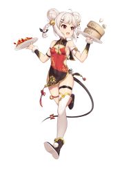 Rule 34 | 1girl, arms up, bamboo steamer, bell, black footwear, boots, braid, breasts, carrying, cat-quest-sun, china dress, chinese clothes, covered navel, double bun, dress, female focus, food, full body, hair bun, hair ornament, highres, jingle bell, long hair, mouse tail, open mouth, original, plate, red eyes, ribbon, running, short dress, sideboob, simple background, single thighhigh, sleeveless, sleeveless dress, small breasts, smile, solo, tail, tail bell, tail ornament, tail ribbon, thigh strap, thighhighs, thighs, twin braids, twintails, waitress, white background, white hair, white thighhighs, wrist cuffs