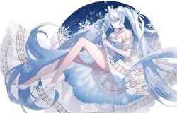 Rule 34 | 1girl, absurdly long hair, alternate costume, aono 99, beamed eighth notes, blue eyes, blue hair, commentary, crown, dress, eighth note, elbow gloves, full body, gloves, hatsune miku, highres, jewelry, light blue hair, long hair, looking at viewer, musical note, musical note print, parted lips, princess, quarter note, rainbow, refraction, sitting, snowflakes, solo, staff (music), strapless, twintails, very long hair, vocaloid, wand, white dress, white gloves, yuki miku, yuki miku (2019) (candidate no.4)