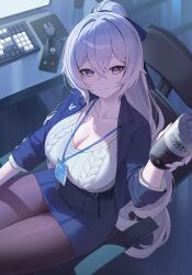 Rule 34 | 1girl, absurdres, black pantyhose, blue skirt, breasts, bronya zaychik, bronya zaychik (outstanding attitude) (honkai impact), bronya zaychik (silverwing: n-ex), can, cellphone, chair, cleavage, closed mouth, computer keyboard, computer mouse, crossed bangs, dkxlek, formal, grey sweater, high ponytail, highres, holding, holding can, honkai (series), honkai impact 3rd, id card, indoors, lanyard, large breasts, long hair, looking at viewer, monitor, mousepad (object), office, office chair, office lady, official alternate costume, pantyhose, pencil skirt, phone, rabbit ornament, ribbed shirt, shirt, sidelocks, skirt, skirt suit, sleeves rolled up, smartphone, smile, solo, suit, sweater, swivel chair, white hair