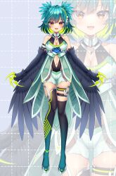 Rule 34 | 1girl, absurdres, black feathers, black footwear, black wings, blush, boots, breasts, claws, cleavage, clothing cutout, colored inner hair, commentary request, fangs, feathers, full body, green hair, harpy, highres, hip vent, indie virtual youtuber, lincoro, medium breasts, medium hair, monster girl, multicolored hair, navel, navel cutout, official alternate costume, open mouth, pointy ears, short twintails, shorts, skindentation, tachi-e, thigh boots, thigh strap, twintails, two-tone hair, virtual youtuber, winged arms, wings, yukimichi (nieko)