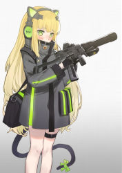 Rule 34 | 1girl, animal ear headphones, animal ears, b&amp;t mp9, bad id, bad pixiv id, bag, black gloves, blonde hair, blush, cat ear headphones, cat tail, coat, commentary, covered mouth, eotech, fake animal ears, feet out of frame, girls&#039; frontline, gloves, gradient background, green eyes, gun, headphones, highres, holding, holding gun, holding weapon, hummingbird (artist), long hair, long sleeves, looking at viewer, ribbon, solo, standing, submachine gun, suppressor, tail, tail ornament, tail ribbon, thigh strap, tmp (girls&#039; frontline), trigger discipline, turtleneck, very long hair, weapon