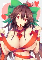 Rule 34 | 1girl, between breasts, blush, border, bow, breasts, brown hair, chocolate, cleavage, commentary request, food in mouth, green bow, grey border, hair between eyes, hair bow, head tilt, heart, highres, huge breasts, long hair, looking at viewer, mouth hold, navel, nude, red eyes, red ribbon, reiuji utsuho, ribbon, satou rin (gobugabuge), simple background, solo, touhou, upper body, very long hair, white background