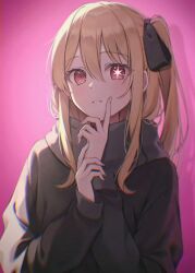 Rule 34 | 1girl, amai melo, black sweater, blonde hair, blush, cheek poking, commentary, hair between eyes, hair ribbon, highres, hoshino ruby, long hair, one side up, oshi no ko, parted lips, pink background, pink eyes, poking, poking self, ribbon, sidelocks, solo, star-shaped pupils, star (symbol), sweater, symbol-shaped pupils
