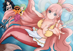Rule 34 | 3girls, bikini, black hair, blue eyes, breasts, camie (one piece), cleavage, giant, giantess, green hair, highres, ishilly, mermaid, monster girl, multiple girls, one eye closed, one piece, open mouth, pappug, pink hair, shirahoshi, smile, swimsuit, underwater
