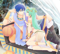 Rule 34 | 1boy, 1girl, anklet, aqua eyes, aqua hair, arm support, bad id, bad pixiv id, bare legs, blue eyes, blue hair, blue scarf, boots, bracelet, circlet, cushion, earrings, egyptian, eye contact, hatsune miku, high heels, irono (irtyu), jewelry, kaito (vocaloid), long hair, long legs, looking at another, midriff, nail polish, no shirt, reclining, scarf, see-through, shoes, skirt, topless male, vambraces, very long hair, vocaloid