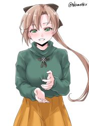 Rule 34 | 1girl, akigumo (kancolle), brown hair, commentary request, cowboy shot, green eyes, green sweater, hair ribbon, highres, kantai collection, long hair, long skirt, long sleeves, looking at viewer, one-hour drawing challenge, orange skirt, parted lips, ponytail, ribbon, simple background, skirt, smile, solo, standing, sweater, takomeshi, twitter username, white background