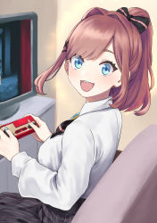 Rule 34 | 1girl, :d, absurdres, black skirt, blue eyes, blush, brown hair, commentary request, controller, g9 (jiiku), game controller, hair ornament, happy, high-waist skirt, highres, holding, holding controller, holding game controller, indoors, looking at viewer, medium hair, nijisanji, open mouth, playing games, ponytail, shirt, short sleeves, sitting, skirt, smile, solo, suzuhara lulu, teeth, upper body, upper teeth only, virtual youtuber, white shirt, x hair ornament