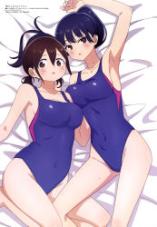 Rule 34 | 2girls, absurdres, armpits, black hair, boku no kokoro no yabai yatsu, breast press, breasts, brown hair, competition swimsuit, covered navel, hara honoka, highres, large breasts, long hair, looking at viewer, magazine scan, medium breasts, megami magazine, mole, mole on neck, mole on thigh, multiple girls, official art, one-piece swimsuit, plump, ponytail, scan, short twintails, swimsuit, thighs, twintails, yamada anna