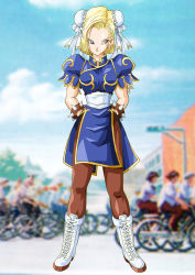 Rule 34 | 1girl, absurdres, android 18, blonde hair, boots, bracelet, bun cover, capcom, china dress, chinese clothes, chun-li, chun-li (cosplay), cosplay, crossover, deka master, double bun, dragon ball, dragonball z, dress, earrings, highres, jewelry, pantyhose, pelvic curtain, solo, spiked bracelet, spikes, street fighter