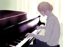 Rule 34 | 1boy, aqua eyes, bad id, bad pixiv id, blonde hair, cup, instrument, kagamine len, male focus, aged up, piano, piano bench, ponytail, short hair, sitting, solo, tears, vocaloid, yunomi, yunomi (yunomi imonuy)