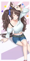 Rule 34 | 1girl, absurdres, animal ears, atyattyan, belt, blue eyes, blue nails, blue ribbon, breasts, brown hair, casual, cleavage, closed mouth, collarbone, commentary request, crossed legs, denim, denim shorts, ear ornament, feet out of frame, frilled sleeves, frills, grin, hair ribbon, highres, horse ears, horse girl, index fingers raised, jewelry, large breasts, legs, long hair, looking at viewer, midriff, multicolored nails, navel, off-shoulder shirt, off shoulder, official alternate costume, one eye closed, ribbon, ring, shirt, short shorts, shorts, sidelocks, simple background, single bare shoulder, sitting, smile, solo, standing, tied shirt, tosen jordan (umamusume), twintails, umamusume, v, white background, white shirt, yellow nails
