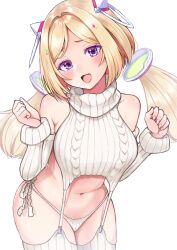 Rule 34 | 1girl, @-you (you 2023 8 16), aki rosenthal, alternate costume, bare shoulders, blonde hair, blush, bob cut, breasts, cable knit, cropped sweater, curvy, detached hair, detached sleeves, fingernails, garter straps, head tilt, headgear, highres, hololive, long hair, looking at viewer, low twintails, medium breasts, meme attire, midriff, navel, open mouth, panties, parted bangs, purple eyes, ribbed sleeves, ribbed sweater, ribbed thighhighs, short hair, side-tie panties, sleeveless, sleeveless turtleneck, solo, sweater, thighhighs, thong, turtleneck, turtleneck sweater, twintails, underwear, virgin destroyer sweater, virtual youtuber, w arms, white sweater