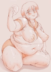 Rule 34 | 1girl, armpits, belly, blush, bread, breasts, buruma, cameltoe, copyright request, fat, food, holding, impossible clothes, impossible shirt, kakugari kyoudai, kneeling, large breasts, looking at viewer, midriff, monochrome, navel, nipples, obese, school uniform, see-through, serafuku, shirt, short hair, simple background, smile, solo, stain, sweat, thick thighs, thighs, wet