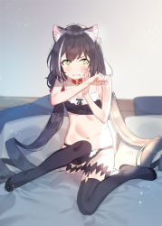 Rule 34 | 1girl, animal ear fluff, animal ears, bare arms, bare shoulders, bed, black bra, black hair, black panties, black thighhighs, blush, bow, bow bra, bow panties, bra, breasts, cat ears, clenched teeth, collar, commentary request, foreshortening, green eyes, hair bow, hands up, karyl (princess connect!), long hair, looking at viewer, low twintails, navel, no shoes, on bed, panties, pillow, princess connect!, red bow, red collar, ringlets, small breasts, solo, subachi, sweat, teeth, thighhighs, trembling, twintails, underwear, underwear only, very long hair