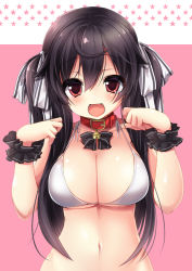 Rule 34 | 1girl, ayuma sayu, bell, bikini, black hair, blush, breasts, cleavage, collar, fang, hair ribbon, large breasts, long hair, looking at viewer, navel, neck bell, open mouth, original, paw pose, red eyes, ribbon, shiny skin, smile, solo, standing, swimsuit, tongue, twintails, two side up, white bikini, wrist cuffs