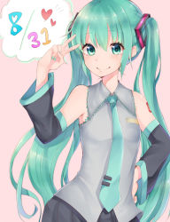 Rule 34 | 1girl, dated, detached sleeves, green eyes, green hair, hand on own hip, hatsune miku, highres, long hair, maria (maria0304), matching hair/eyes, nail polish, necktie, pink background, smile, solo, twintails, v, very long hair, vocaloid